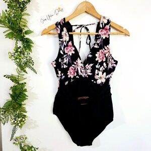 NEW Floral Black One Piece Swimsuit With Belted Waist & Deep V-Neckline ~TT129.9